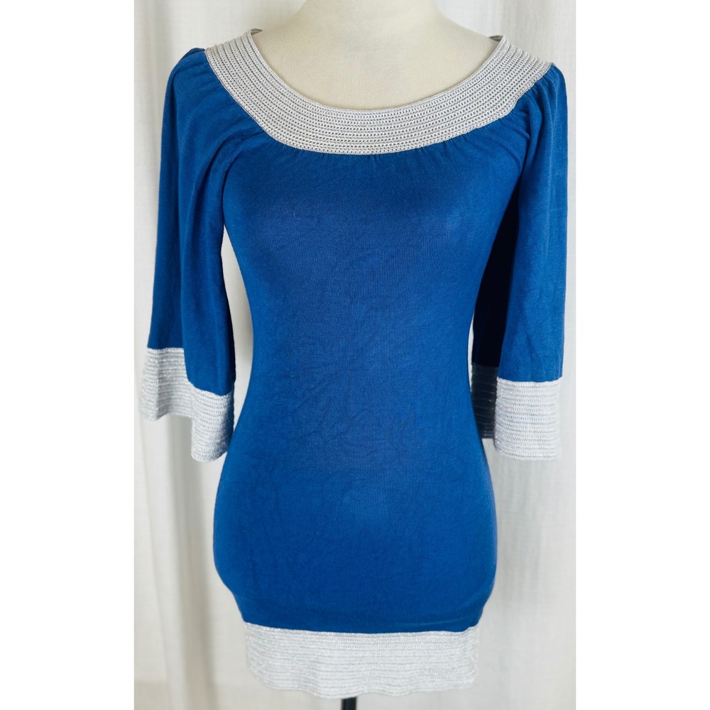 Arden B Knit Top Scoop Neck Metallic Trim Blue Silver Women's Y2K Vintage Sz XS